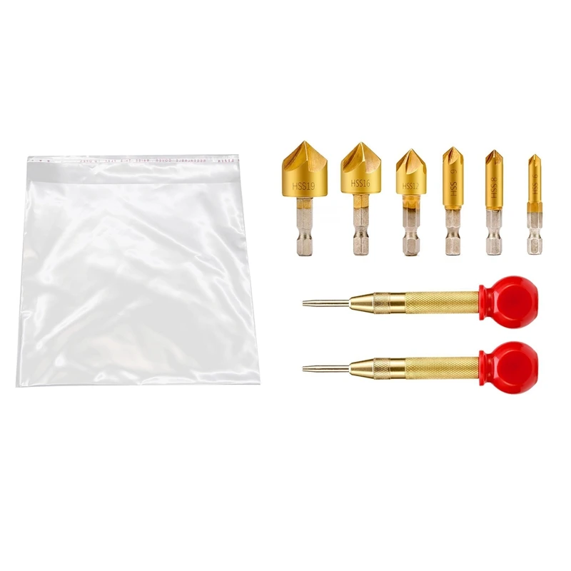 2 x Automatic Center Hole Punch Marker Scribe with Cushion Cap and 6 Pieces Countersink Drill Bit Set &amp 100x Clear Resealable Se |