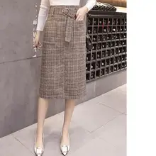 Женская Осенняя шерстяная теплая прямая юбка с поясом, Зимняя юбка размера плюс, юбка в клетку, юбка с завышенной талией для офиса