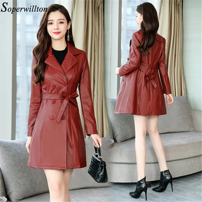 

2019 Autumn Women Long Leather Jacket Lady Slim Plus Size 4XL Bow Belt Motorcycle PU Faux Leather Coat Leather Trench Black Red