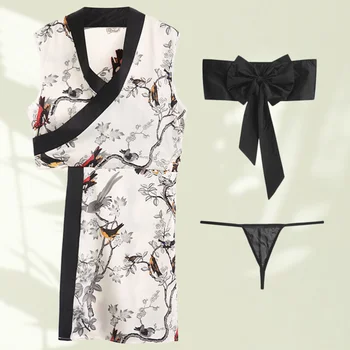 

Sexy Printed Lingerie Bathrobe Seduction Uniform Suit Kimono Lingerie Dress Adorable Nightwere Bathrobe Uniform for Woman Girl L