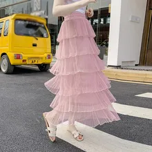 Осенние новые силиконовые формы для выпечки Многослойные Длинные Юбки принцессы с воланами, плиссированное платье, Женская сетка; с высокой талией винтажные многоуровневые тюлевые юбки