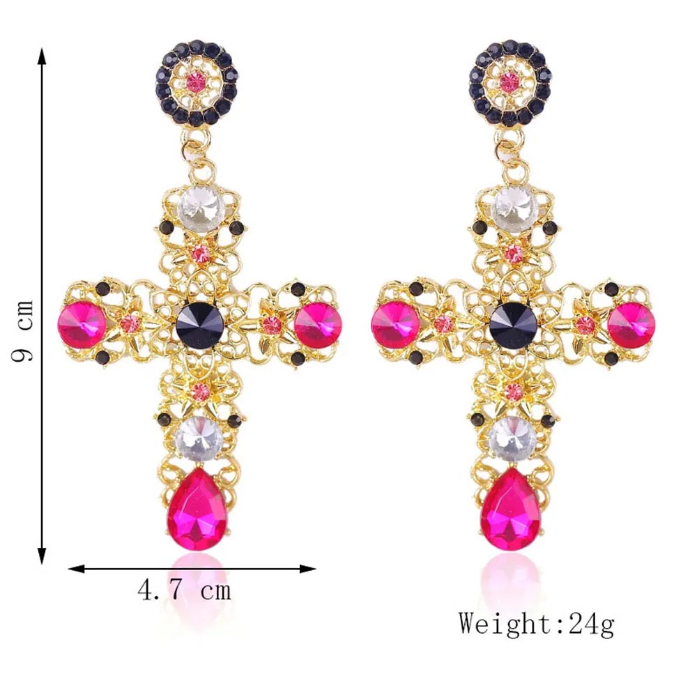 Винтажные большие длинные серьги в богемном стиле для женщин, Серьги Brincos с черным розовым кристаллом и крестом, модные ювелирные изделия