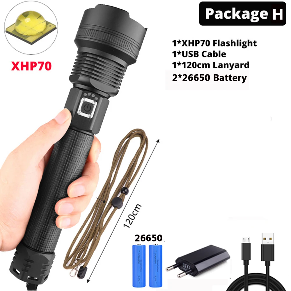 Яркий XHP90 светодиодный фонарик XLamp Zoom Torch XHP70.2 USB Перезаряжаемый тактический фонарь 18650 или 26650 Кемпинг Охота лампа - Испускаемый цвет: package  H