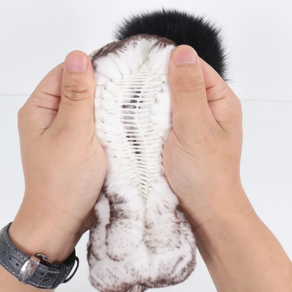 Dolce Cream Rex Rabbit Fur Pull Through Scarf with Silver Fox Pom Pom:  FurHatWor