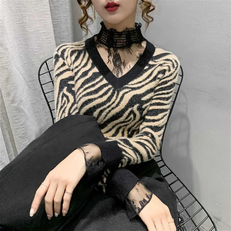 

zebra pullovers female new winter brim thickening render unlined upper garment knitting coat of cultivate morality