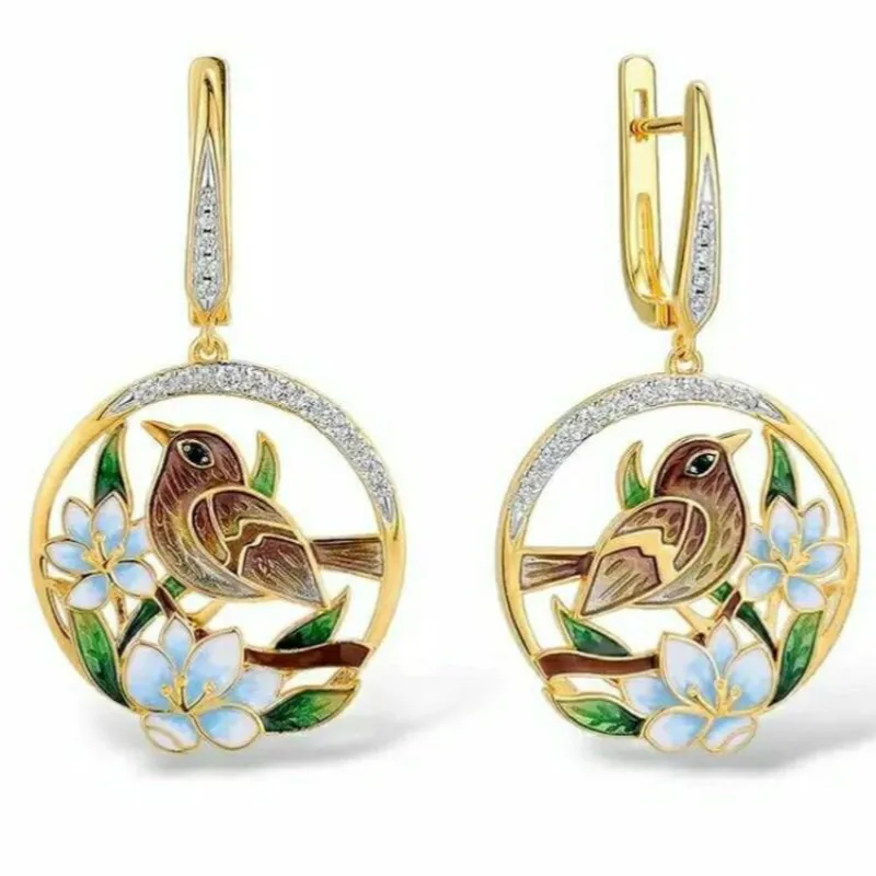 

2022 Brand New Women Jewelry Elegant Cute Flower Bird Retro Drop Earrings Colorful Enamel AAA Zircon Inlaid Wedding Earrings
