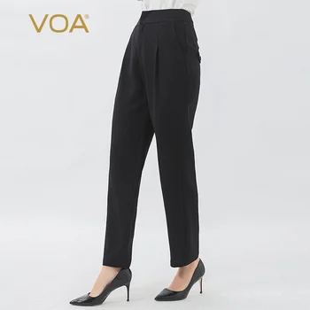 

VOA silk 60mm long space black heavy yuk pleated oblique slot pocket, a button, stiff micro-elastic straight-leg pants K1265