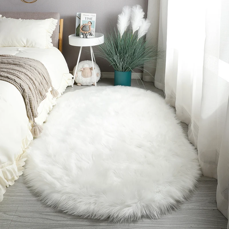 White Faux Fur Area Rugs Large Oval Artificial Sheepskin Long Hair
