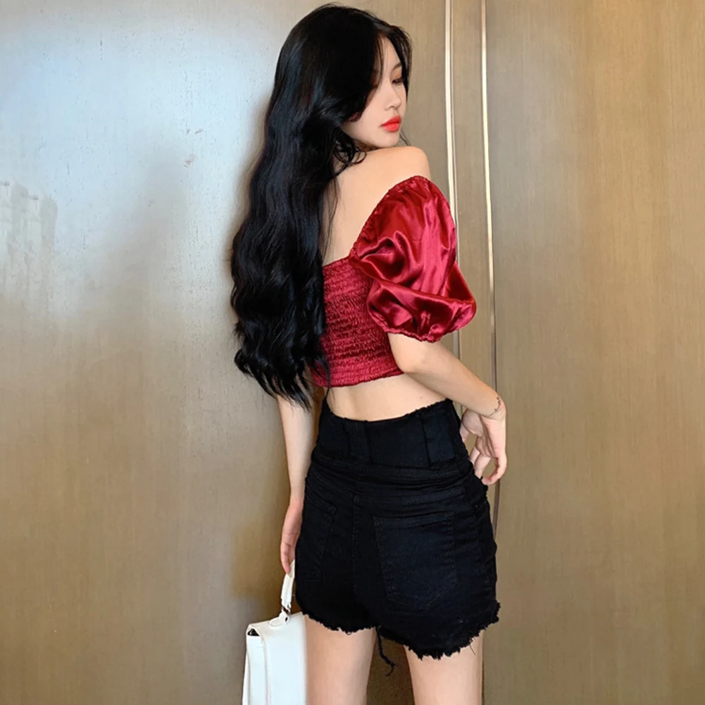 Women Blouse Summer Vintage V Neck Solid Color Backless Puff Sleeves Crop Ladies Top shirt Woman Blouse And Top 2