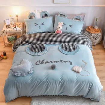 

New Cute Girl Bedding set Bear Ears Embroidery Soft Winter Fleece Velvet Duvet Cover Lattice Bed Linen Fitted Sheet Pillowcases