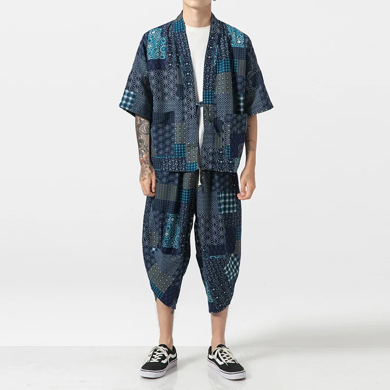 

2019 Chinese-style Trend Crane Japanese-style Leisure Suit Loose-Fit Beach Short Sleeve Coat MEN'S Suit