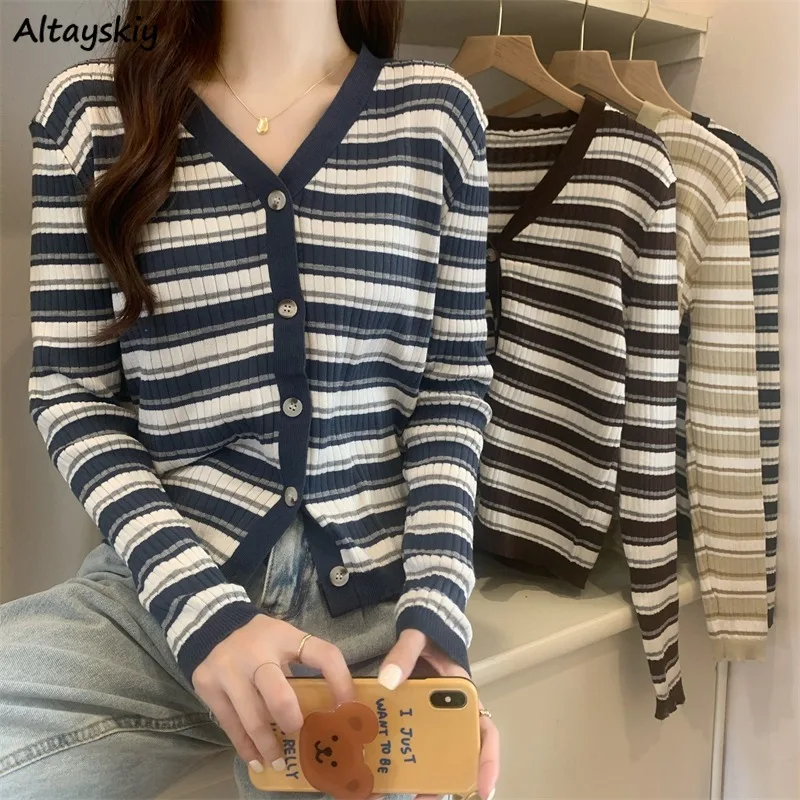 Basic Jackets Women V-Neck Long Sleeve Soft Cozy Leisure All-match Warm Spring Autumn Ulzzang Simple Striped New Arrival Retro | Женская