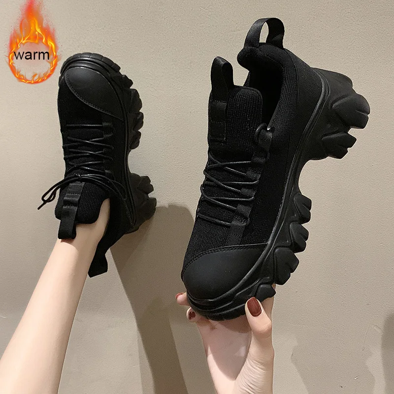 winter black Трендовые массивные кроссовки женские черные кроссовки на платформе для бега для женщин уличная обувь на массивном каблуке для пап спортивная обувь черного цвета - Цвет: winter black