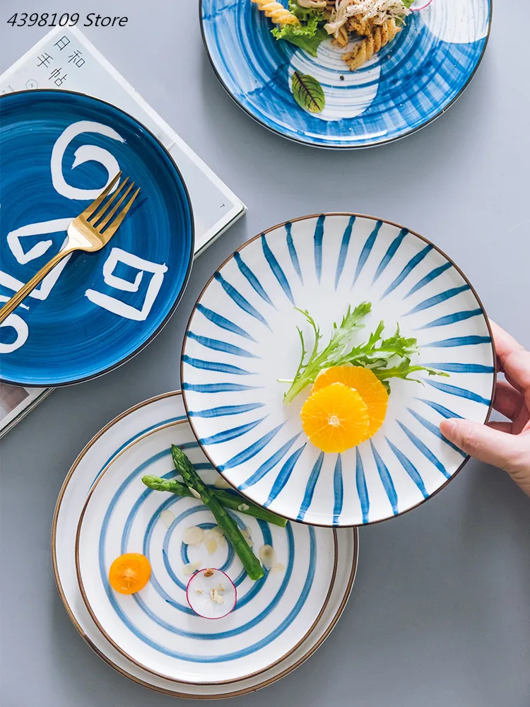 

Japanese tableware ceramic plate creative hand-painted underglaze tableware dishes home Western steak dish kitchen cutlery disc