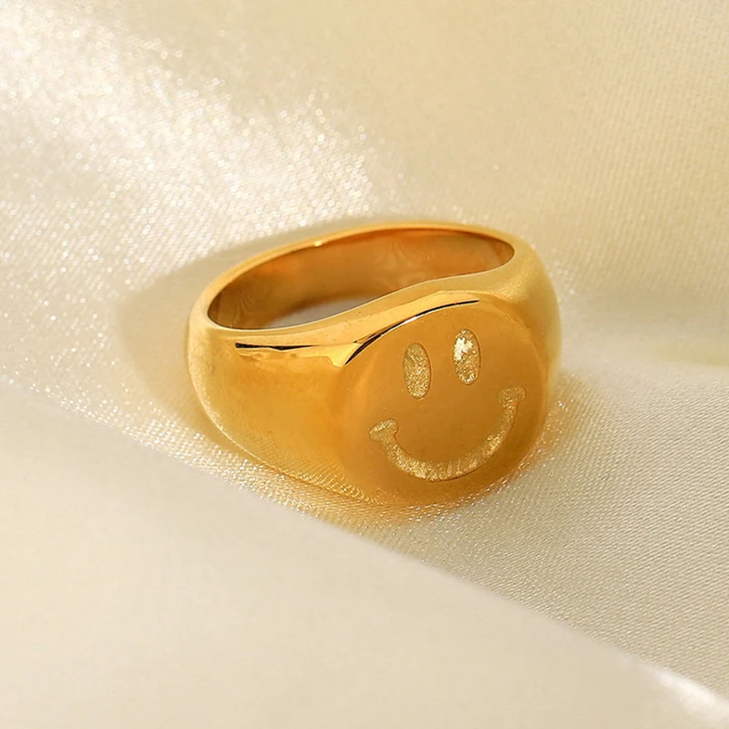 Happy smilely face ring for women stainless steel signet ring stackable funny cute kawaii jewelry for teenage girls y2k 5