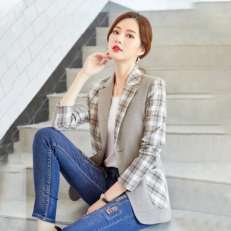 

Autumn Clothing New Style Long Sleeve Plaid Small Suit WOMEN'S Coat Non-symmetrical Pattern Retro Suit Joint Contrast Color Tops
