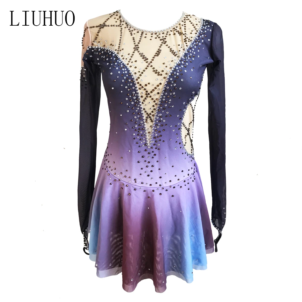 

Figure Skating Dress Women's Girls' Ice Skating Dress Competitive performance clothing Round neck long sleeve Purple Gradient