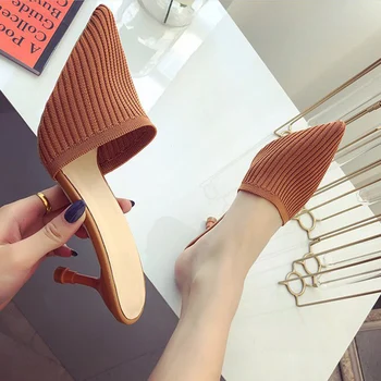 

Pumps Ladies Pointed Toe 2020 Women's Breathable High Heels Classic Solid Thin Heels Shoes Female Knitted Casual Slingback
