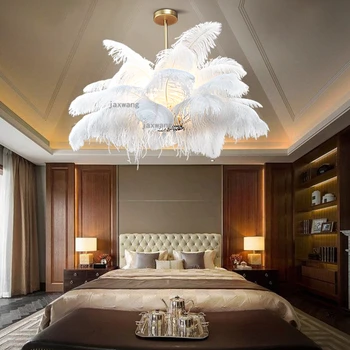 

Modern LED Feather Bedroom Chandelier Lighting Nordic Luster Warm Chandeliers Decor Hanging Lamps Restaurant Light Fixtures