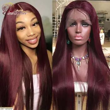 

Red Lace Front Human Hair Wigs 99J Burgundy Peruvian Straight Hair Wig Plucked 13*1 Lace Part Front Hair Wigs Colored 150% remy