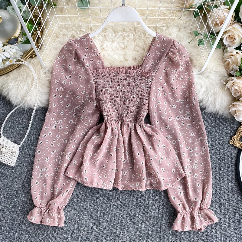 white long sleeve top Women Skinny Shirt Long Sleeve Ruffles Slim Shirts Female Broken Flower Print Tops 2020 Chiffon Vintage Casual Chic Blouse long sleeve blouse