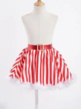  Kids Girls Red White Stripes Printed Silky Faux Fur Adorned Mini Skirt Skin-friendly for Christmas Costume Dress Up with Belts 