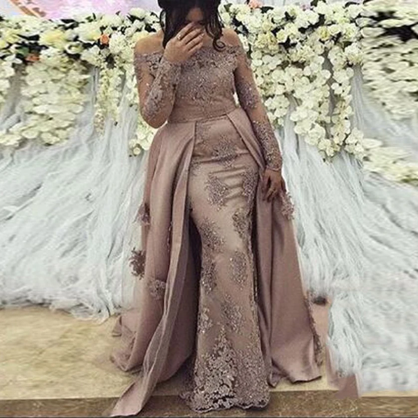 New Arrival Evening Dresses Applique Sleeves abendkleider Evening Gowns Dubai Formal Dress Detachable Train robe de soiree