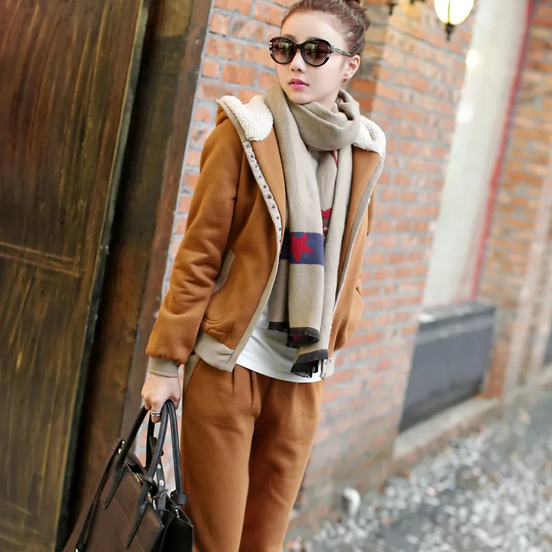 

Winter Thick Fleece Warm Women Sport Suit Tracksuits Hooded Hoodie Jacket Coat+pant Casual Jogger Running Outfit Set Sportswear