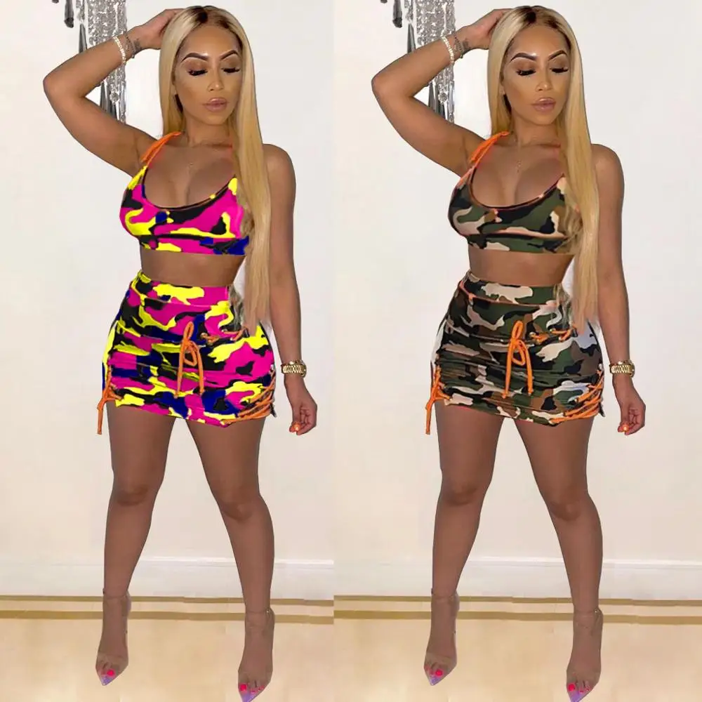 BKLD Sexy Club Outfits 2024 New Fashion Camouflage Printed Bandage Sleeveless Crop Top And Bodycon Skirts Two Piece Set Women new printed v neck sleeveless jumpsuits women high waist belt backless romper women bodycon overalls for women