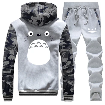 

Man Totoro Harajuku print Winter Tracksuit sweatpants suits Men Fleece hooded Hoodie and Pants Sport 2 Pieces sets Tracksuit top
