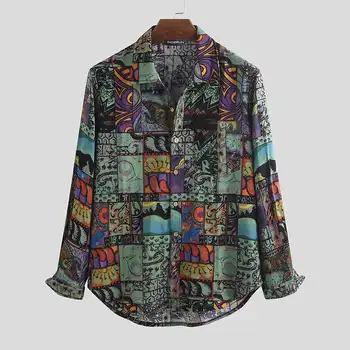 

Vintage Men Casual Shirt Printed Long Sleeve Button Lapel Streetwear Loose 2020 Tops High Quality Mens Hawaiian Shirts Camisa