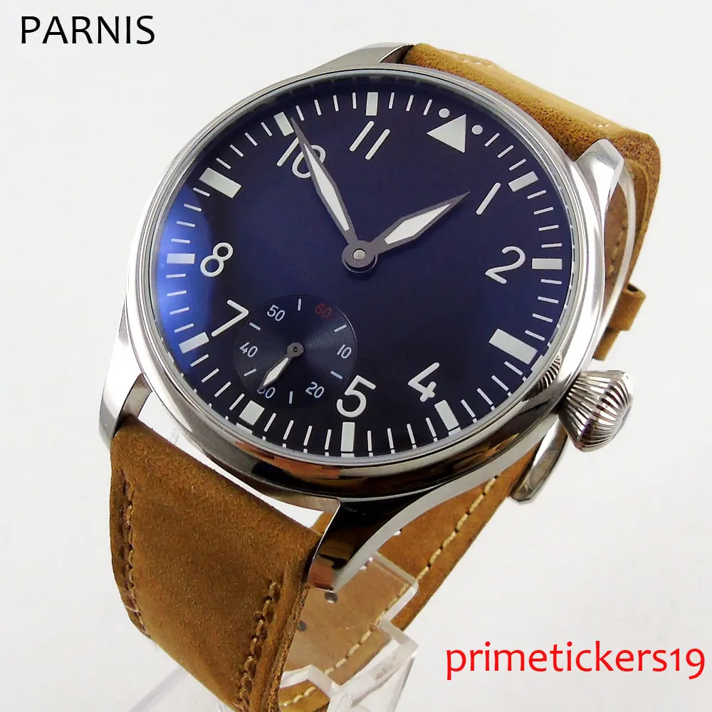 Мужские часы PARNIS с черным циферблатом и коричневым кожаным ремешком механизм 6498