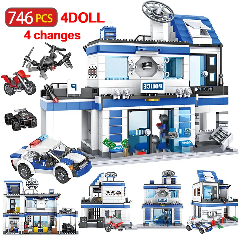 

746PCS City Police Station 4 IN 1 Building Blocks Legoingly SWAT Military Helicopter Car Team Bricks Toys for Children Kids