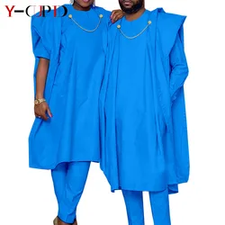 Vêtements africains pour Couples, ensemble haut, pantalon et Robe assortis pour hommes, tenues 3 pièces, Bazin Riche, fête de mariage, Y21C036 