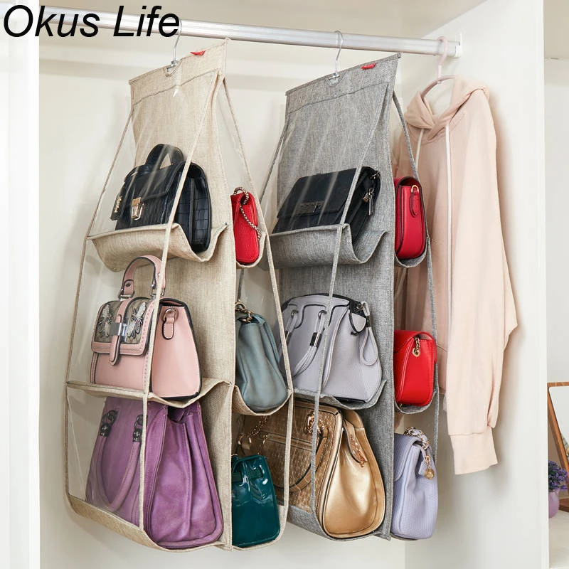 

6 Pockets Double Side Handbag Storage Bag Pouches Clear Purse Nonwovens Hanging Organizer Closet Collection Storage Gray Beige