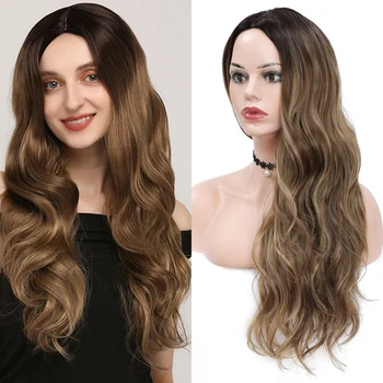 

X-TRESS Ombre Highlight Brown Color Machine Made Wigs For Black Women Long Wavy Middle Part Synthetic Hair Wig For Cosplay Party