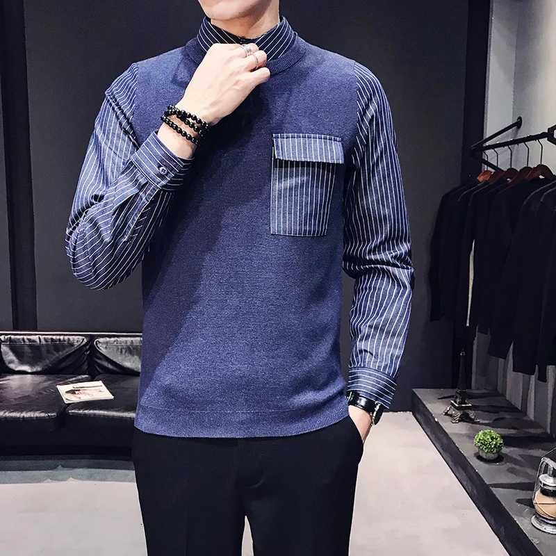 Британский стиль поддельные две части свитер пуловер свитер мужской Blusa Masculina модная одежда мужской круглый вырез длинный рукав вязание