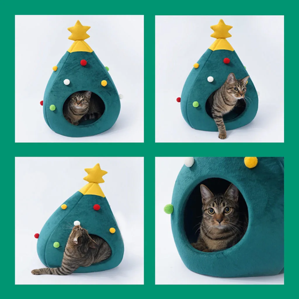 Hot sell Pet Cat Bed Indoor Kitten House Warm Half Closed Sleeping Bag Pet House Nest Cat Basket Portable Christmas Mats Winter