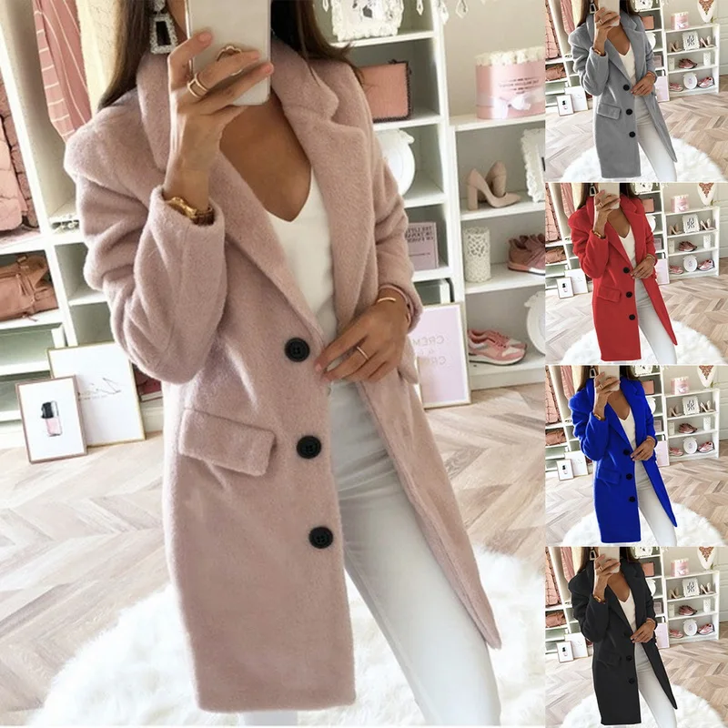 Fashion Autumn Long Coat Women Turn Down Collar Solid Yellow Coat Casual Lady Slim Elegant Blends Outerwear Clothes