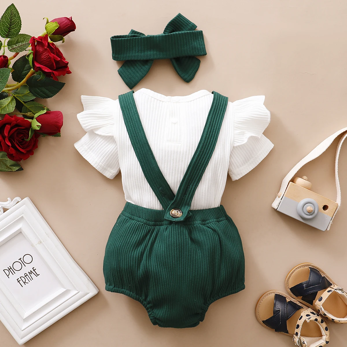 3Pcs Newborn Summer Baby Girls Clothes Set Toddler Button Romper New Born Infant Cute Outfit Ruffle Short Sleeve Shorts Headband newborn baby clothing set