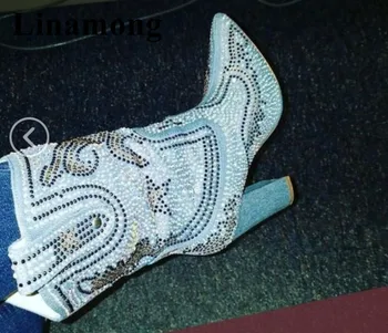 

Winter Hottest Denim Crystal Decoration Square Heel Sexy Pointed Toe And Thin High Heel Mid-calf Women Boots Shoes