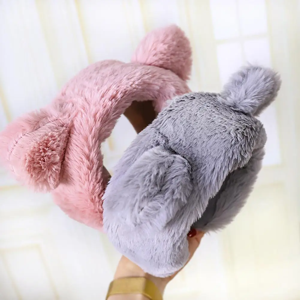 

Winter Solid Color Furry Animal Ears Hair Hoop Women Wash Face Wide Headband