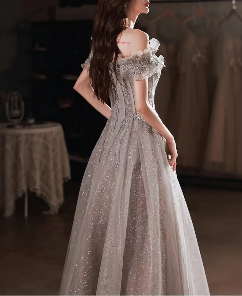 Women Prom Dresses Elegant Gray Flowers Evening dress Off Shoulder Shiny Sequin Lace A-line Ruched Lace up Woman Formal Party Prom Gowns