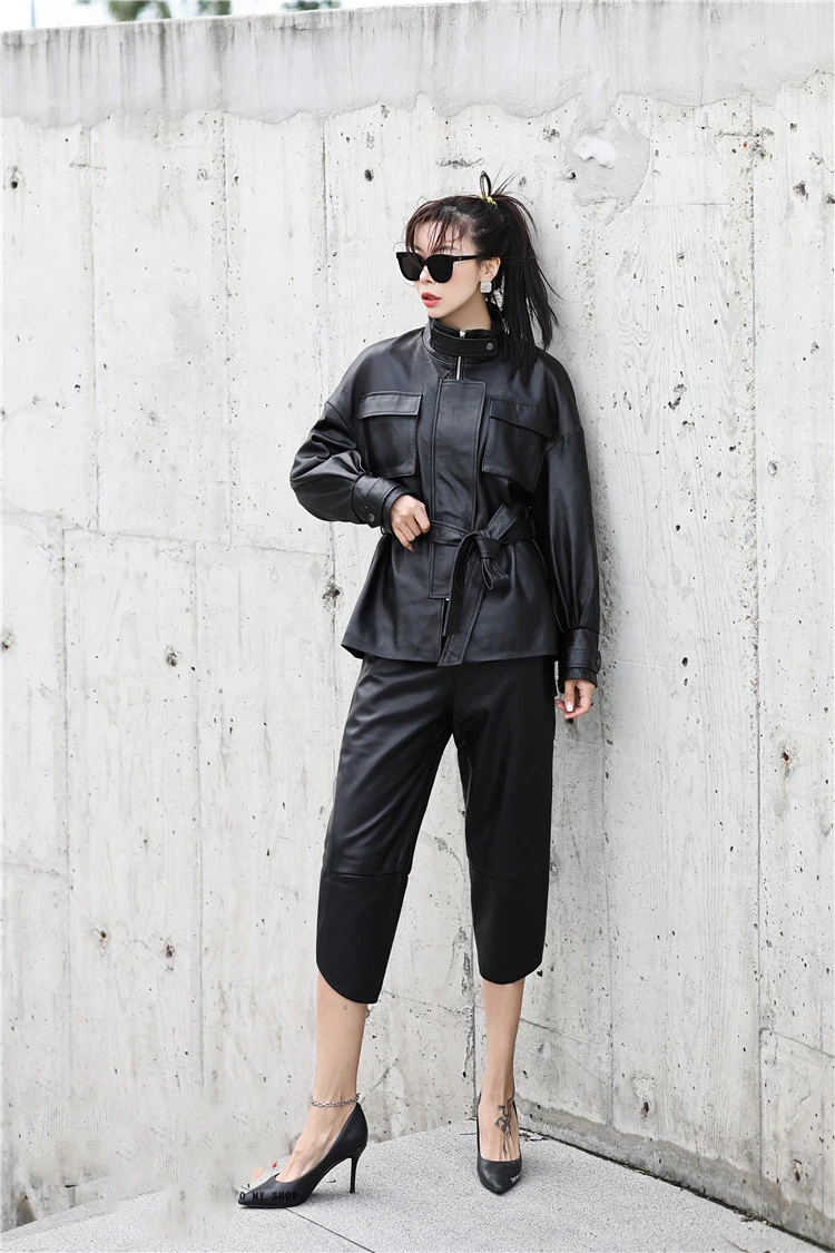 Genuine Leather Jacket Highstreet Mock Neck Pocket Front Wrap Waist Sheepskin Coat Women Autumn Casual Office Lady Outwear
