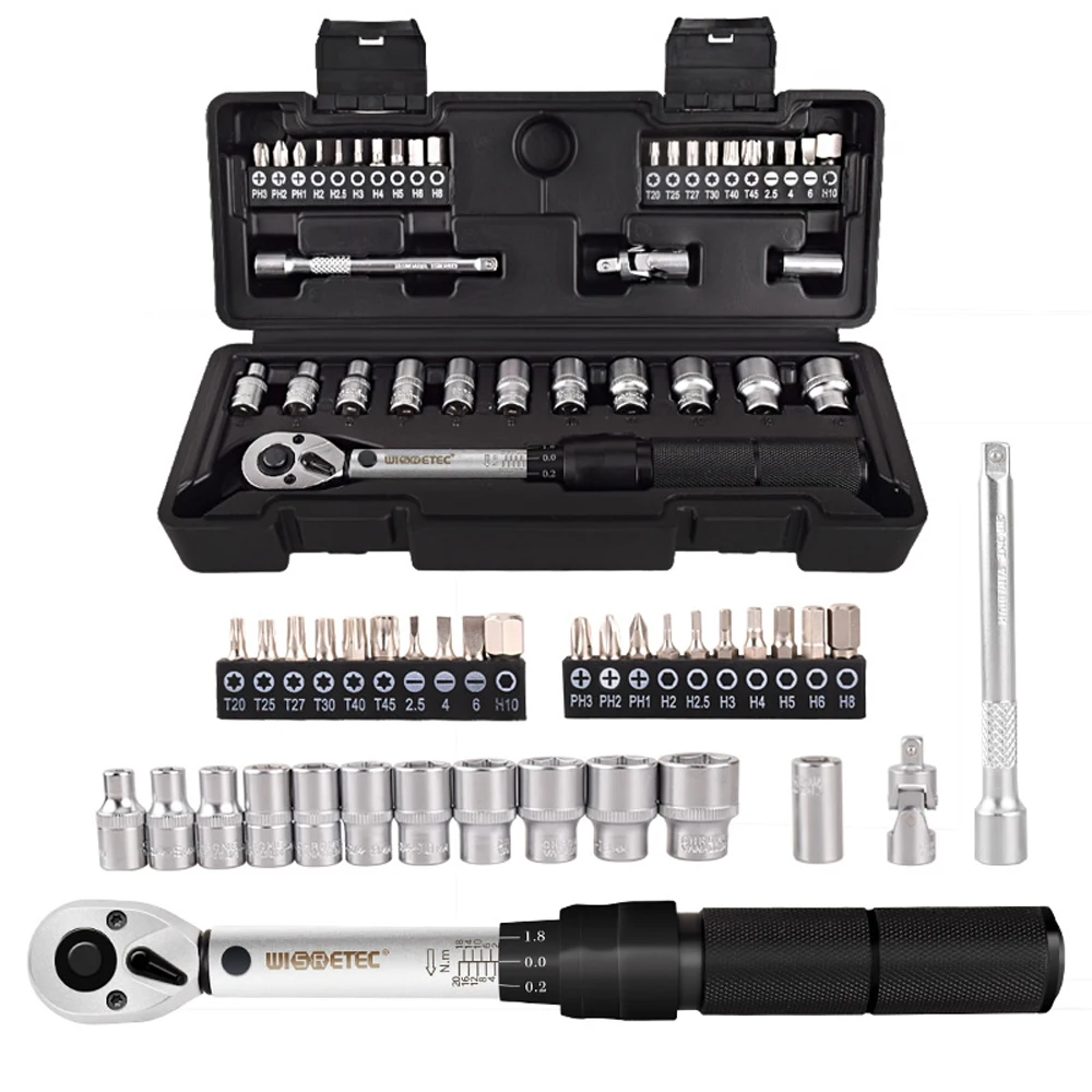 Photo Product 35 in 1 Household Adjustable Spanner Socket Wrench Tool Kit 2-20Nm 1/4 Preset Professional Torque Wrench Sets Bicycle Fix