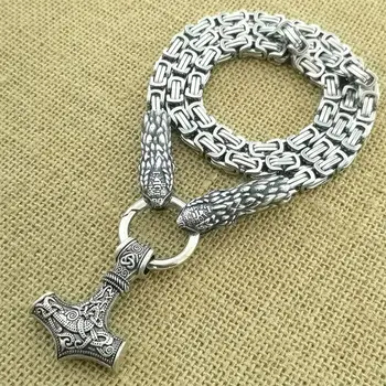 

Viking Thor's Hammer Pendant Necklace Stainless Steel Domineering Snake Head King Chain Fashion Men's Jewelry