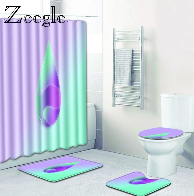 Zeegle 4PCS Polyester Bathroom Mats Shower Curtain Non-Slip Rug Lid Toilet Cover Toilet U Type Mat Bathroom Doormat Toilet Rug