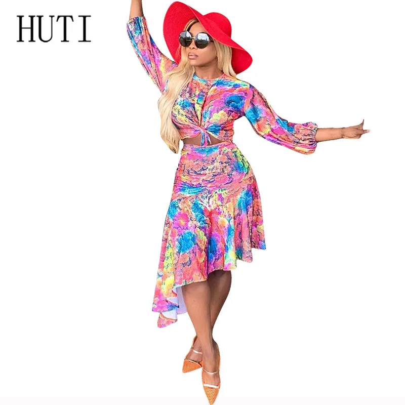 

HUTI Vintage Women Fashion Popular Print Irregular Maxi Dress Casual Long Sleeve O Neck Retro Sexy Femme Dress Vestidos De Festa