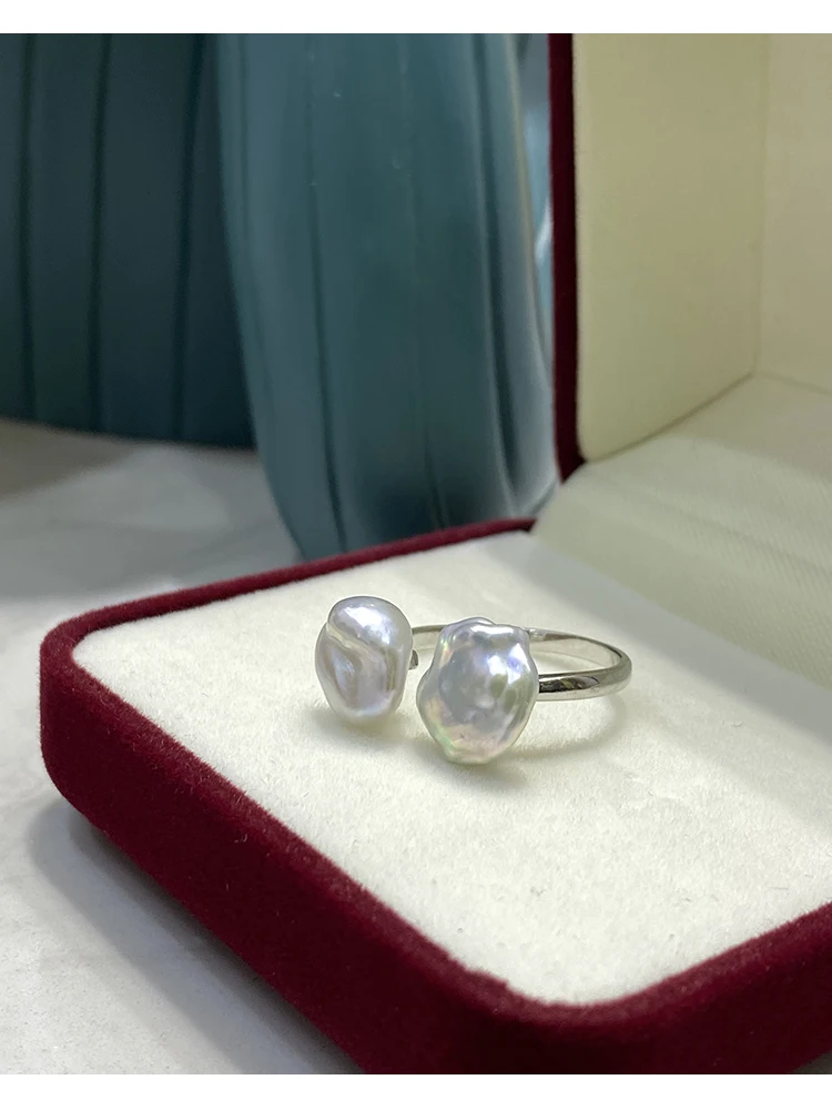 2021 Summer Female Pearl Ring Baroque Pearl Open Ring Adjustable Ring Setting Double Bead Ring Simple Female Ring Woman's Jewelr