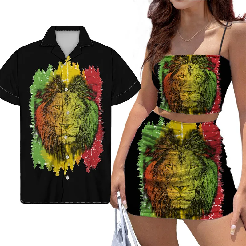 

Fashion Jamaica Lion Design Clothes For Couple Women Halter Top Mini Skirt Set Plus Men Beach Shirts Casual Couple Streetwear